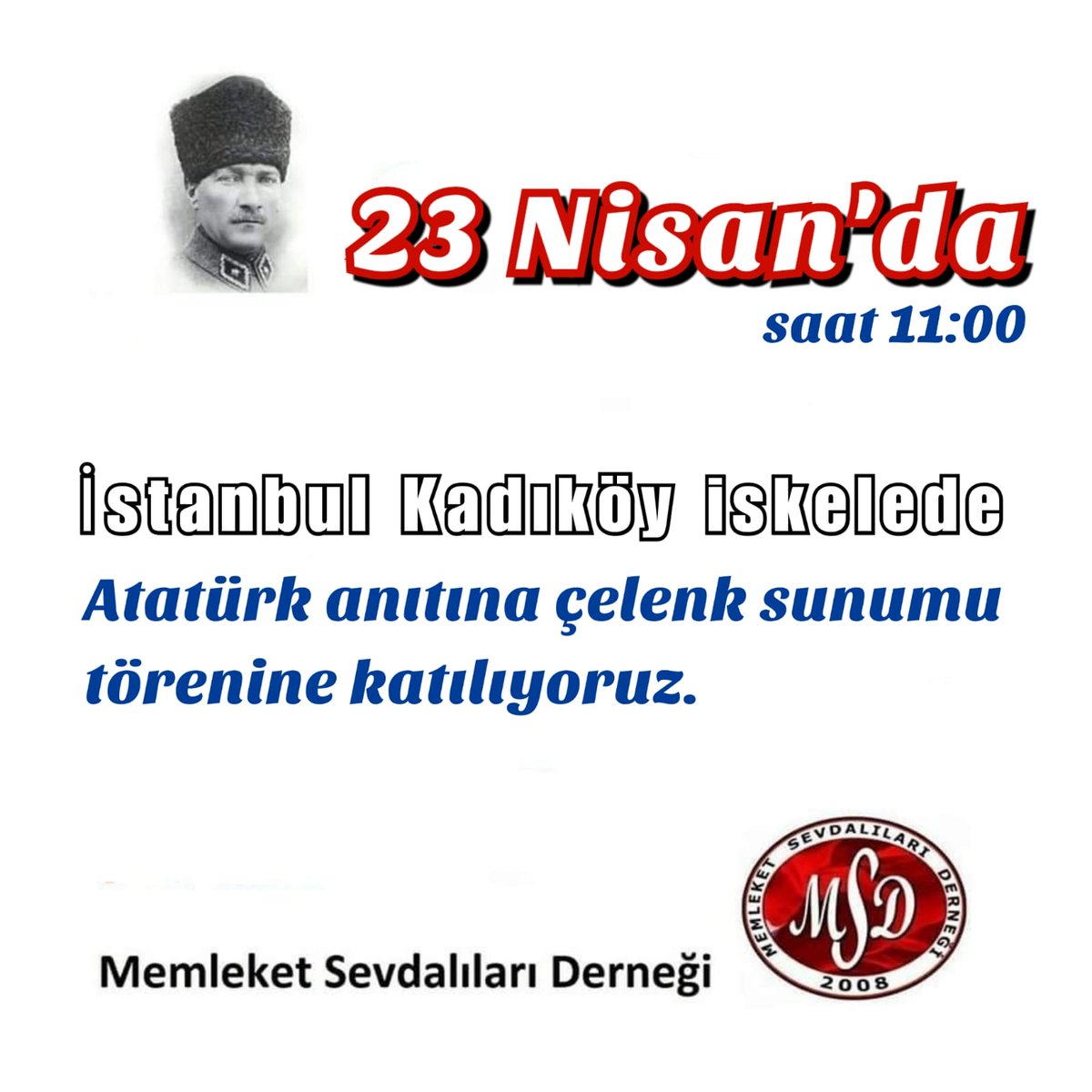 Memleket_se's tweet photo. 23 Nisan Ulusal Egemenlik ve Çocuk Bayramında alanlardayız. #İstanbul'daki üyelerimizi ve memleket sevdalısı dostlarlarımızı çelenk sunumu törenine davet ediyoruz. Yaşasın 23 Nisan, yaşasın ulusal egemenlik! #23Nisan https://t.co/OTX8Ah3AXG