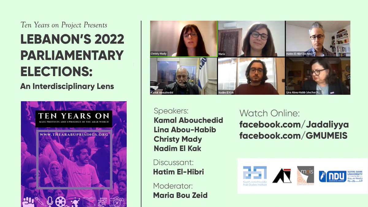 In the midst of the Lebanese ongoing financial, social, and political crises, Lebanon will hold potentially its 2022 parliamentary elections next May.

"Ten Years On Project: Lebanon’s 2022 Parliamentary Elections (Video)"

<a href="/AsfariInstitute/">Asfari Institute for Civil Society & Citizenship</a> <a href="/MEISGMU/">George Mason MEIS </a> 

buff.ly/3Jjqia6