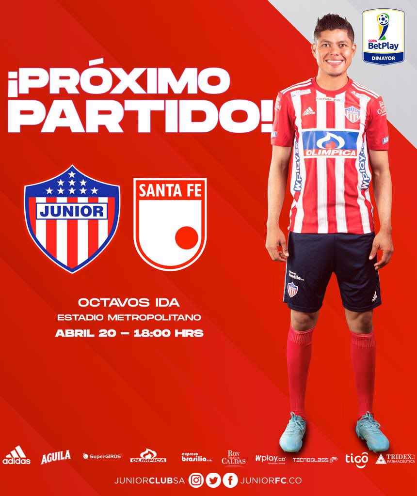 JuniorClubSA's tweet photo. 🔜 #CopaBetPlay🏆| ¡Próximo partido! 

📅 Abril 20 de 2022
🆚 Santa Fe 
🏟 Estadio Metropolitano
⌚18:00 Hrs
🏆 Octavos / Ida 

#VamosJunior🔴⚪🔵 https://t.co/27ynlMsLX5