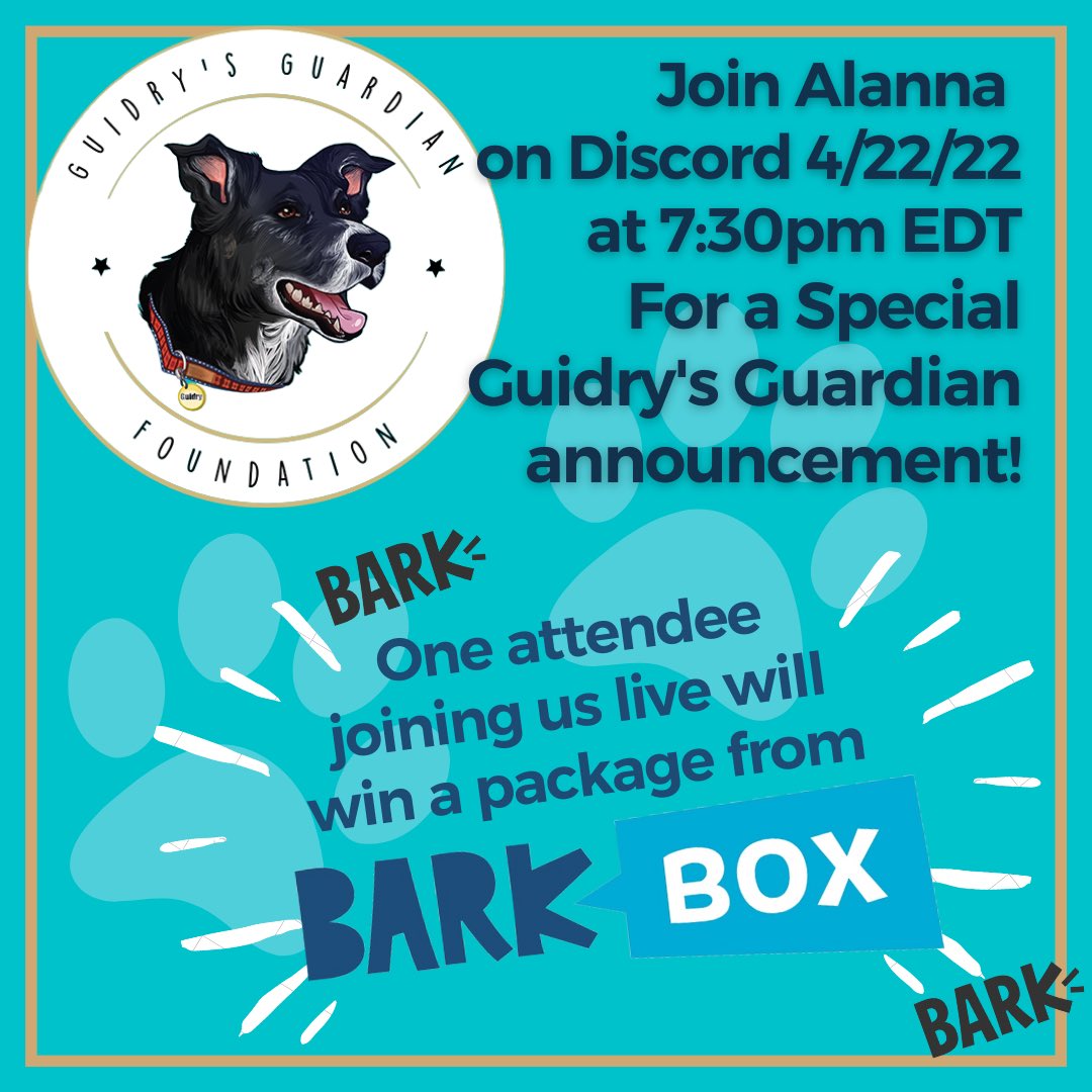 alannarizzo's tweet photo. Join me live this Friday, 4/22 @ 7:30pm EDT on Discord. I'm excited to announce to you all a new initiative for @GuidrysGuardian. https://t.co/vrIOHwg6w6 One person attending live will win a package from @barkbox. #barkforgood @bark https://t.co/IhjK6YNzbn