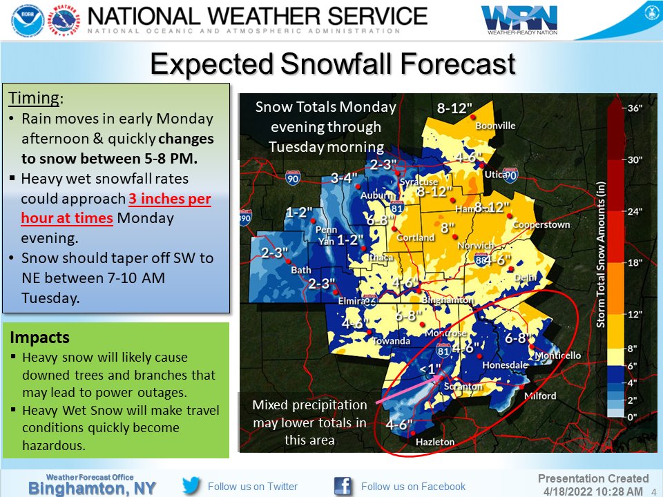 NWSBinghamton's tweet photo. We are growing increasingly concerned about the potential for power outages and very difficult travel across central New York and northeast PA.  The snow is expected to be heavy and wet, with the potential for rates as high as 3" per hour overnight tonight. https://t.co/LyMroe1rEB