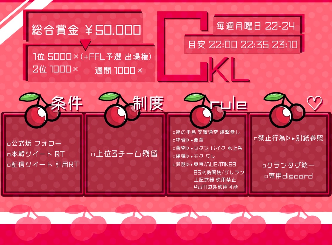 CKL_koushiki's tweet photo. 🍒 𝗖𝗞𝗟 𝟮𝟬𝟮𝟮 . 5月 𝖲𝖳𝖠𝖱𝖳 𓈒 𓏸
━━━━━━━━━━━━━━

◽︎ 毎週 月曜日 22:00 - 24:00 
 ↳ 5/2 9 16 23  ／ 3戦pt制

   🥇 FFL ASG 予選出場権 + 他

◽︎ 本戦リプ選考 🎌 〆 4/27 23:59

  #FFL提携リーグ
  #クインテット #リーグ戦 
  #月曜日 https://t.co/iQdcQ6zLJV
