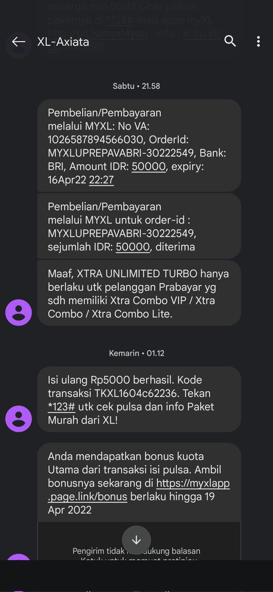 obhkombi's tweet photo. sungguh sangat kejam @myXL @XLAxiata_Tbk  beli paketd data "add on" xl unlimited turbo melalui app @myXL dan pembayaran via BRIVA BRI  gagal karena terdaftar paket combo flex namun,uang yg sudah terbayarkan tidak dikembalikan ,sudah telpon cs xl disuruh ke BRi lgsg. https://t.co/FgNTvMmApo