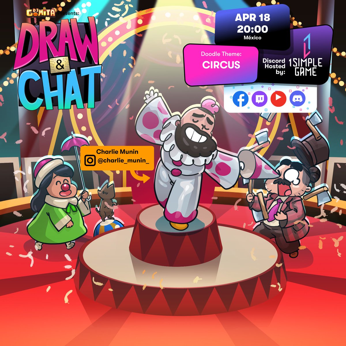 1SimpleGame's tweet photo. 🤡 Hey, folks! Don't miss tonight's #DrawAndChat with @charlie_munin! The doodle theme is: CIRCUS 🤡
8 PM at: https://t.co/UUsibZLin0
#streaming #art #clowns https://t.co/0lvoeI9qyK