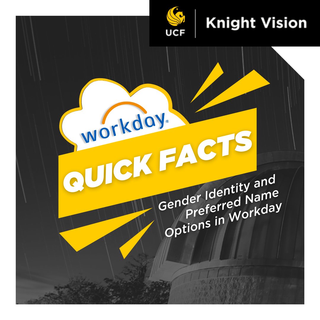 UCFKnightVision's tweet photo. Learn the Workday Quick Facts ▶️ Editing personal information, such as preferred name and gender identity is easy with #Workday.'
▪️
#KnightVision #UCF #UCFTech #UCFStaff #UCFFaculty https://t.co/DW8qAVCp2D