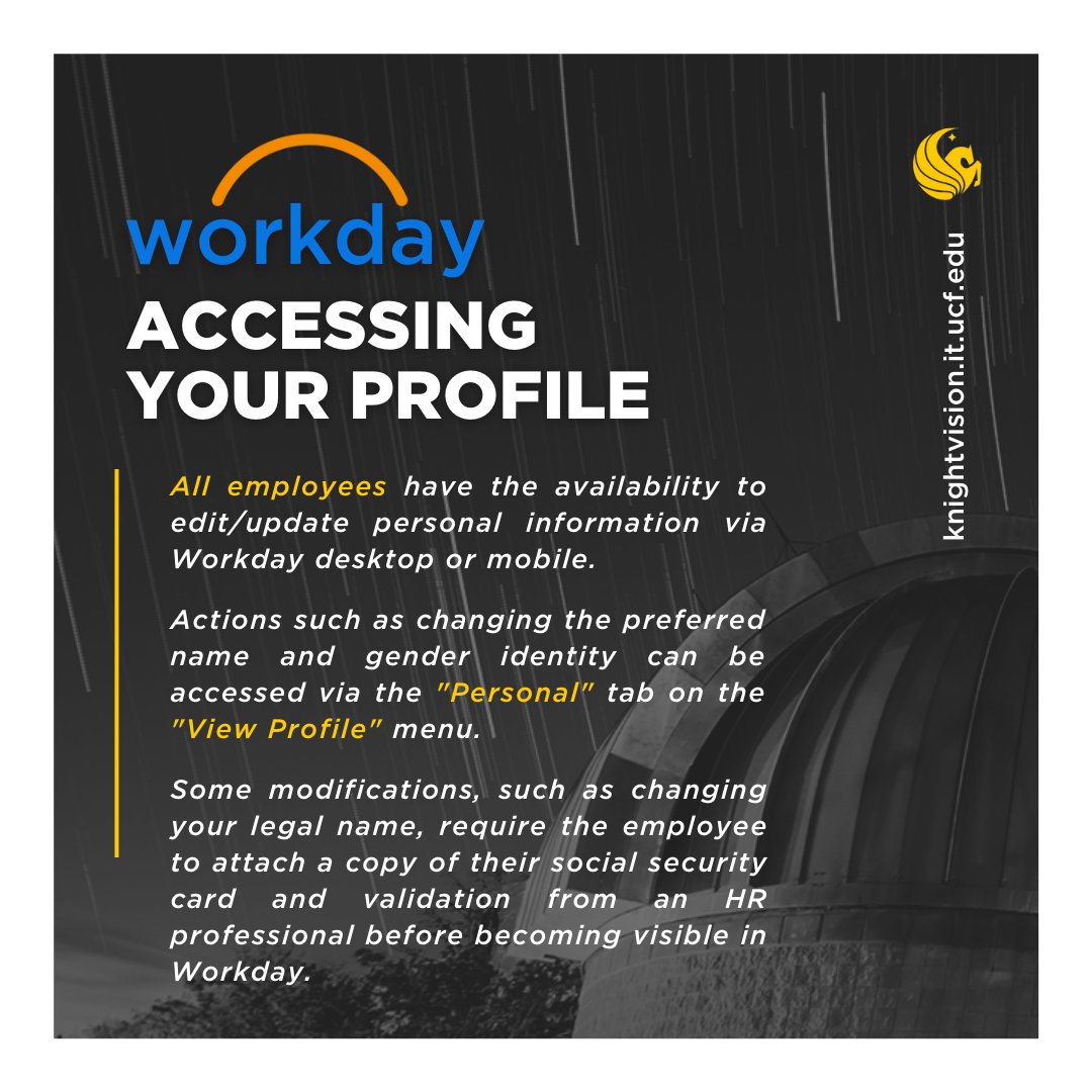 UCFKnightVision's tweet photo. Learn the Workday Quick Facts ▶️ Editing personal information, such as preferred name and gender identity is easy with #Workday.'
▪️
#KnightVision #UCF #UCFTech #UCFStaff #UCFFaculty https://t.co/DW8qAVCp2D