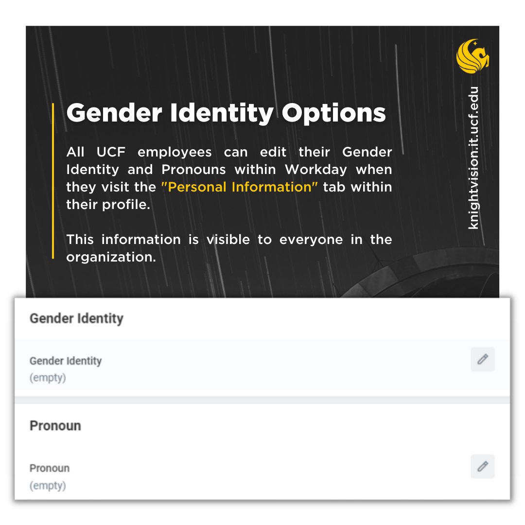 UCFKnightVision's tweet photo. Learn the Workday Quick Facts ▶️ Editing personal information, such as preferred name and gender identity is easy with #Workday.'
▪️
#KnightVision #UCF #UCFTech #UCFStaff #UCFFaculty https://t.co/DW8qAVCp2D