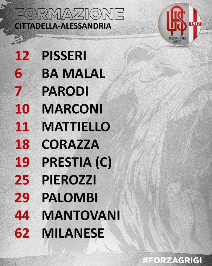usalessandria's tweet photo. NOI SCENDIAMO IN CAMPO COSI'!!
IL NOSTRO 1️⃣1️⃣ PER #CITALE!! 💪🏻🔥👊🏻
A disp.: 22 Cerofolini, 3 Coccolo, 4 Chiarello, 5 Gori, 8 Lunetta, 13 Benedetti, 15 Ariaudo, 16 Fabbrini, 17 Mustacchio, 21 Casarini, 23 Barillà, 72 Kolaj. All. Sig. @MorenoLongo 
#ForzaGrigi https://t.co/cx2w1Cmb7D