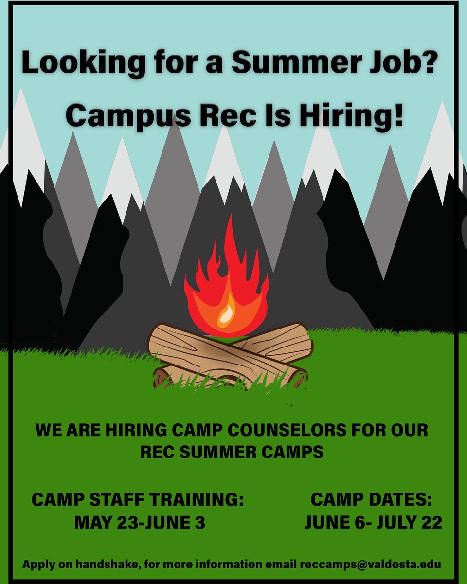 We are hiring summer camp counselors ! If you are looking for a fun summer job we have the perfect opportunity for you! Apply on handshake or email reccamps@valdosta.edu for more information! ☀️⛱ 🌊 🏝