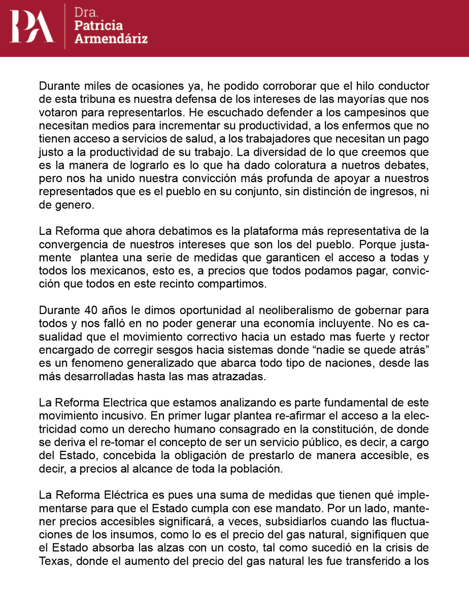 PatyArmendariz's tweet photo. Ayer cuando agotamos posibilidades de subir a la oposición a la aprobación de la #ReformaElectrica cortamos el debate en la 3.ª ronda. Habríamos de cerrar el debate en la 7.ª ronda con varios de nosotros. Vale la pena compartir mi posicionamiento que no pude defender en tribuna. https://t.co/fAPmNpzudE