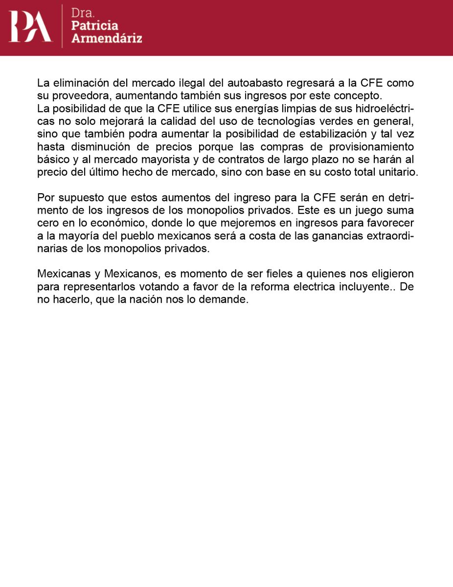 PatyArmendariz's tweet photo. Ayer cuando agotamos posibilidades de subir a la oposición a la aprobación de la #ReformaElectrica cortamos el debate en la 3.ª ronda. Habríamos de cerrar el debate en la 7.ª ronda con varios de nosotros. Vale la pena compartir mi posicionamiento que no pude defender en tribuna. https://t.co/fAPmNpzudE