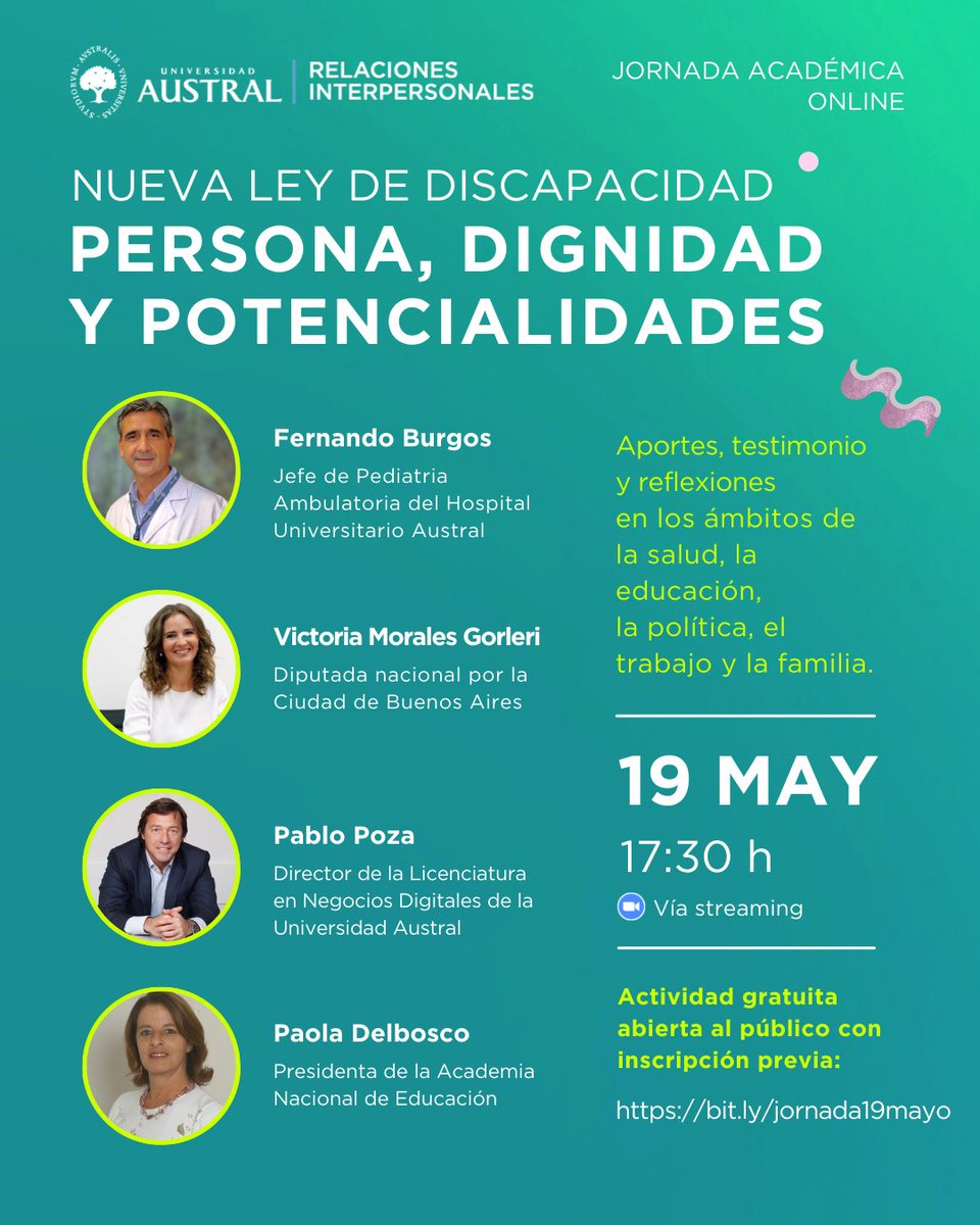 icf_austral's tweet photo. Persona, dignidad y potencialidades: la nueva ley de discapacidad
👨‍🏫 Jornada académica online
👥Fernando Burgos
👥@VMoralesGorleri
👥Pablo Poza
👥Paola Delbosco
💻 Actividad gratuita vía Zoom. Requiere de inscripción previa en: https://t.co/uzt4f9xLhL https://t.co/vdMxiNPmIm