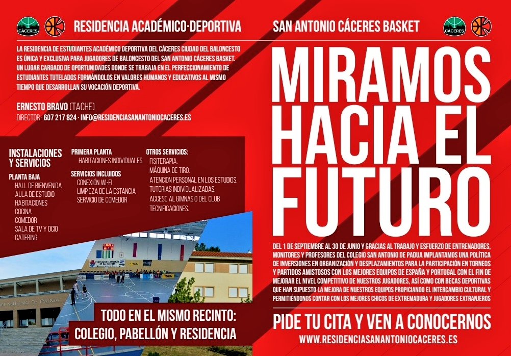 SanAntonioCc's tweet photo. Abierto el plazo de inscripción en la @ResidenciaSACC.
!!Ven a conocernos!! 
Más información: 
info@residenciasanantoniocaceres.es
Telefonos: 607217824 /o  en la sede del @Caceres_Basket
927629326
@#cantera @Caceres_Basket
@SanAntonioColeg https://t.co/uFCTLHQyP9