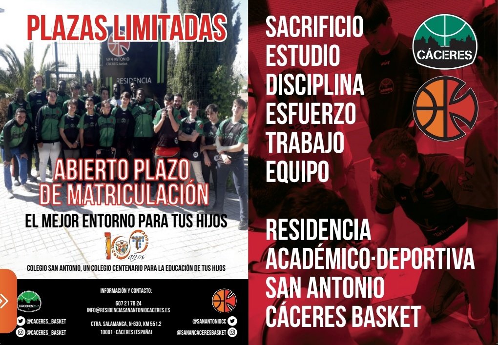 SanAntonioCc's tweet photo. Abierto el plazo de inscripción en la @ResidenciaSACC.
!!Ven a conocernos!! 
Más información: 
info@residenciasanantoniocaceres.es
Telefonos: 607217824 /o  en la sede del @Caceres_Basket
927629326
@#cantera @Caceres_Basket
@SanAntonioColeg https://t.co/uFCTLHQyP9