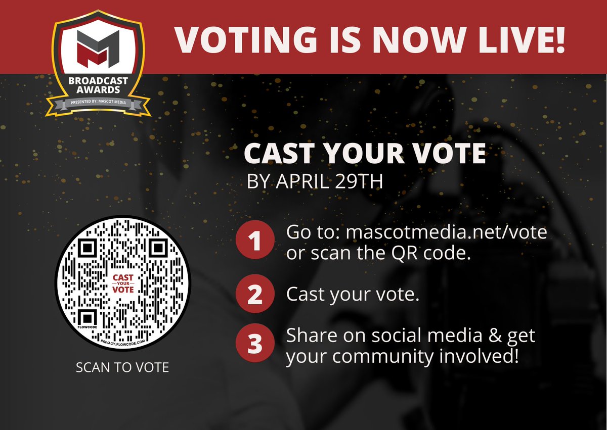 MascotMediaTeam's tweet photo. The submissions are in and voting is NOW OPEN for the 2021-2022 Mascot Media Broadcast Awards! Show your support and over to https://t.co/67BrgGCHtY or scan the QR code to cast your vote! 

#MMAwards2022 #YOURMascotMedia https://t.co/xMrn5L6vqU