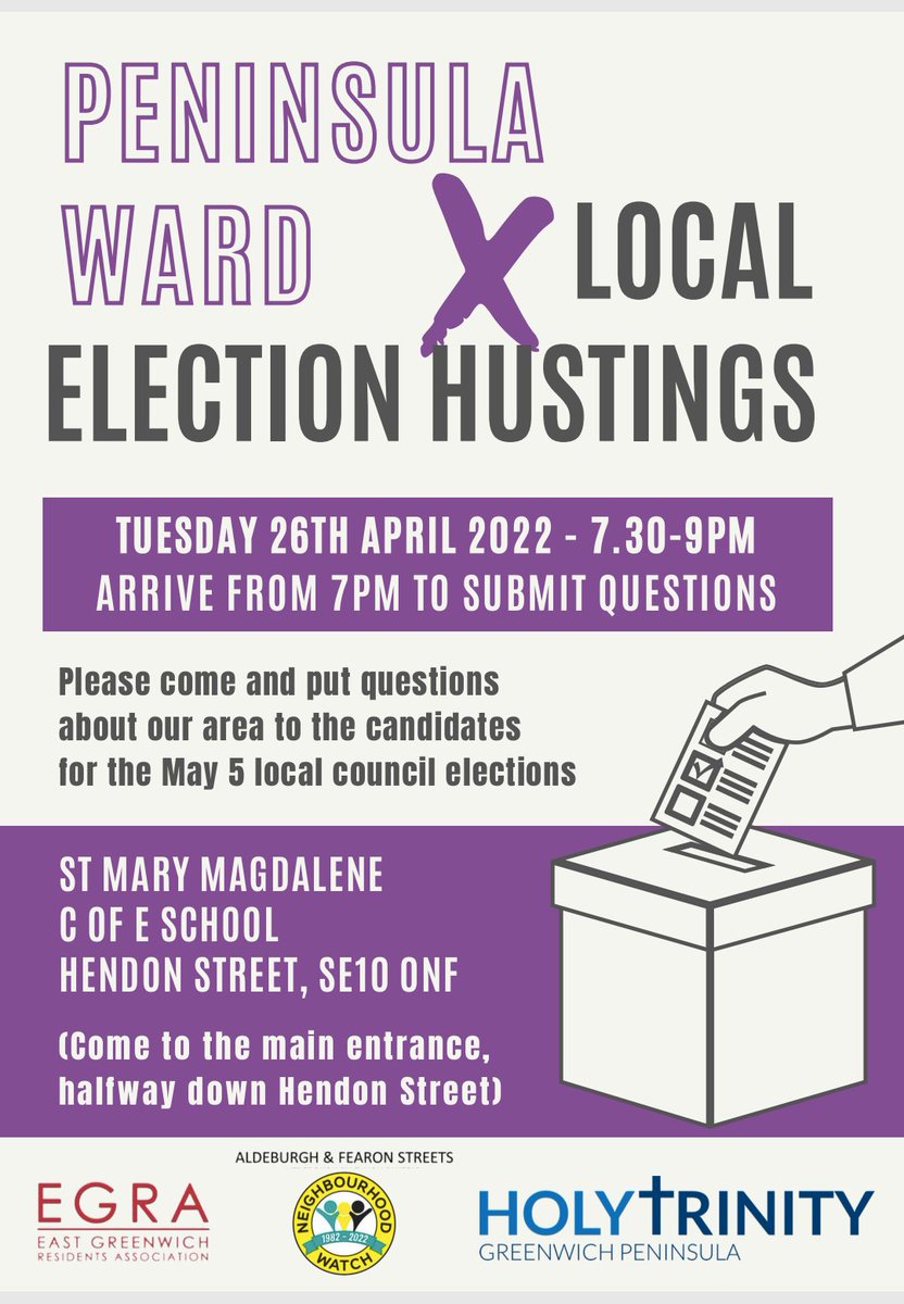 AldeburghFearon's tweet photo. The countdown has begun – 8 days to go to the #Greenwich #Peninsula Ward Hustings ahead of #Localelections2022. Details in poster. Please come along and ask the questions you really really want answered before you vote. Minister Jane Petrie from @PeninsulaChrch will moderate. https://t.co/OvcwTwtKDl