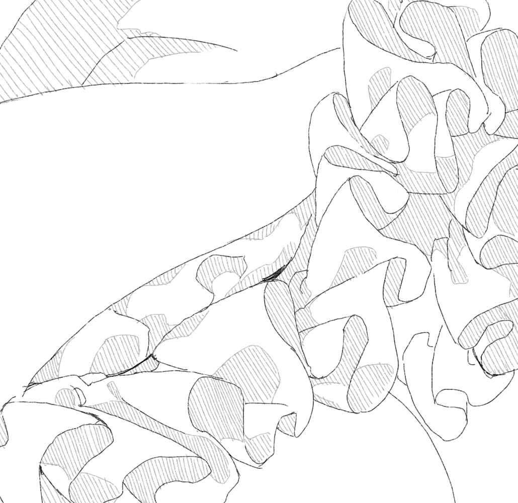 前にもツイートしたことあるやつだけど「なれるとこれが描ける」という参考のフリル。(なお完成ではここにエフェクトが来て全部消えた) 