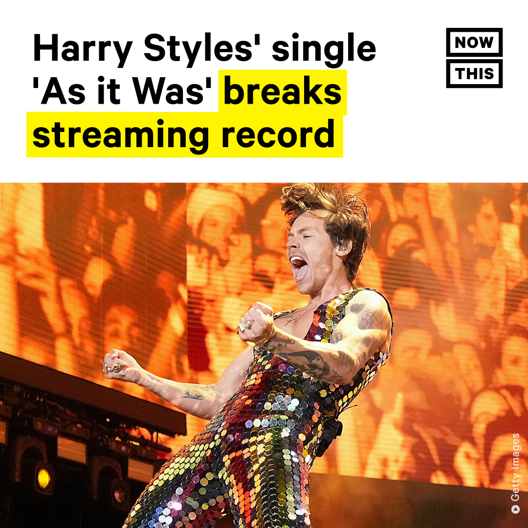 nowthisimpact's tweet photo. Harry Styles has broken the Guinness World Record for the most streamed track on Spotify in 24 hours by a male artist for his hit single 'As It Was.' The song accumulated more than 16 million streams in its first day. https://t.co/27p4PNxBte