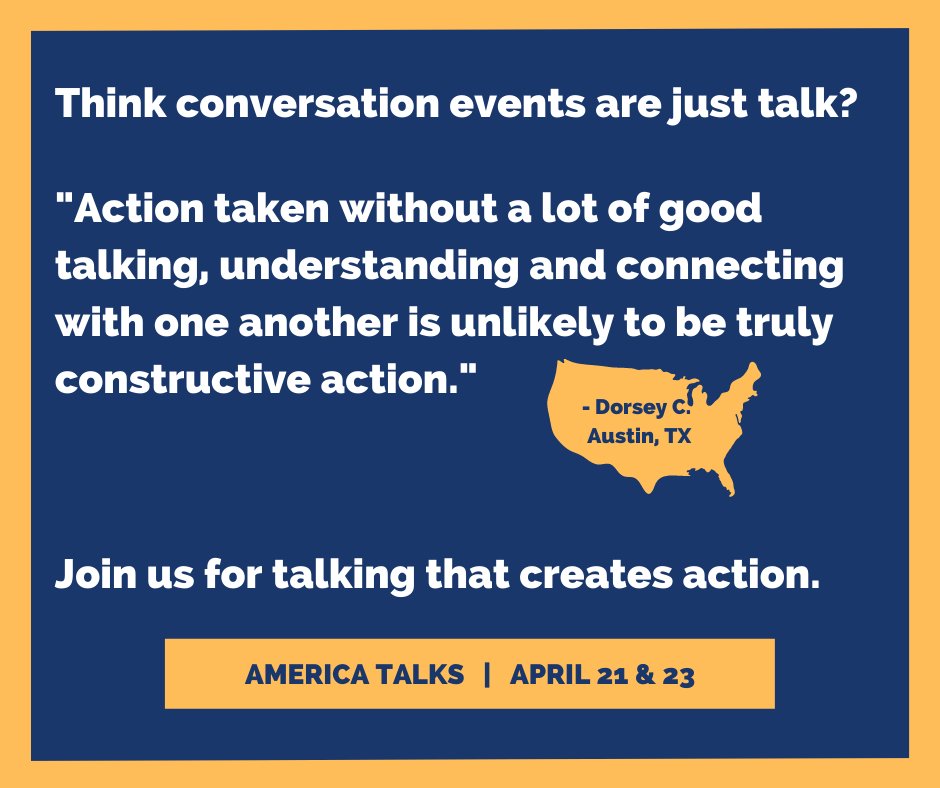 What’s got
✅ thousands of Americans
✅ from all backgrounds and beliefs
✅ talking with one another on video
✅ solving problems?
#AmericaTalks! And YOU could be a face of the movement. Sign up now at americatalks.us #ListenFirst