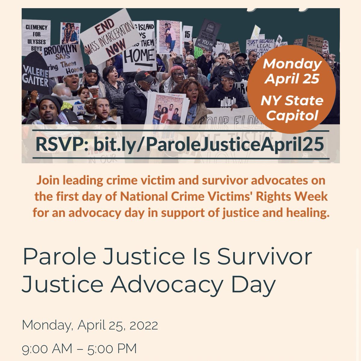 @NewHOUR_LI <a href="/ShayfromROC/">Shay H</a> <a href="/RAPPcampaign/">Release Aging People in Prison Campaign</a> Can’t wait to see everyone next week in Albany! Sign up to join <a href="/RAPPcampaign/">Release Aging People in Prison Campaign</a> <a href="/NYSCASA/">New York State Coalition Against Sexual Assault</a>, <a href="/cvtcnyc/">CVTC</a>, <a href="/Common_Justice/">Common Justice</a>, &amp; the many other organizers for #ParoleJusticeNY to support #NCVRW22  🔗: bit.ly/ParoleJusticeA…