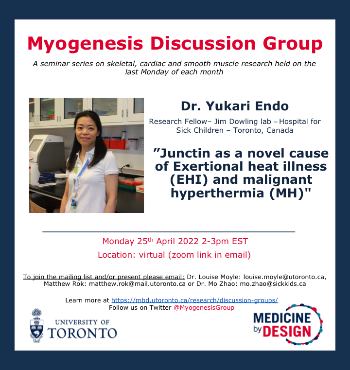 MyogenesisGroup's tweet photo. We are excited to announce our next Myogenesis meeting on Monday 25th April at 2-3pm EST. Dr. Yukari Endo, a research fellow in Dr. Jim Dowling’s lab at Hospital for Sick Children, will speak about a novel muscle disease gene Junctin, encompassing data from patients/cells/fish. https://t.co/SniIyp0fOu