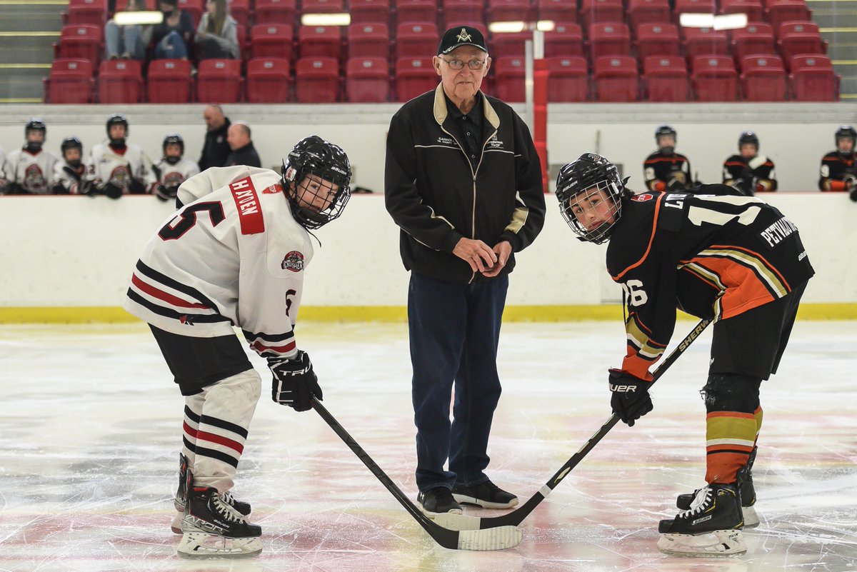 Our Gold Medal game ceremonial faceoff with South Shore Steele Autogroup's David Whynot, our title sponsor for the Nova Scotia U13AAA Provincial Championship, Tasa Ducks Captain Evan Lyver and Pictou County Crushers Captain Tanner Hayden.