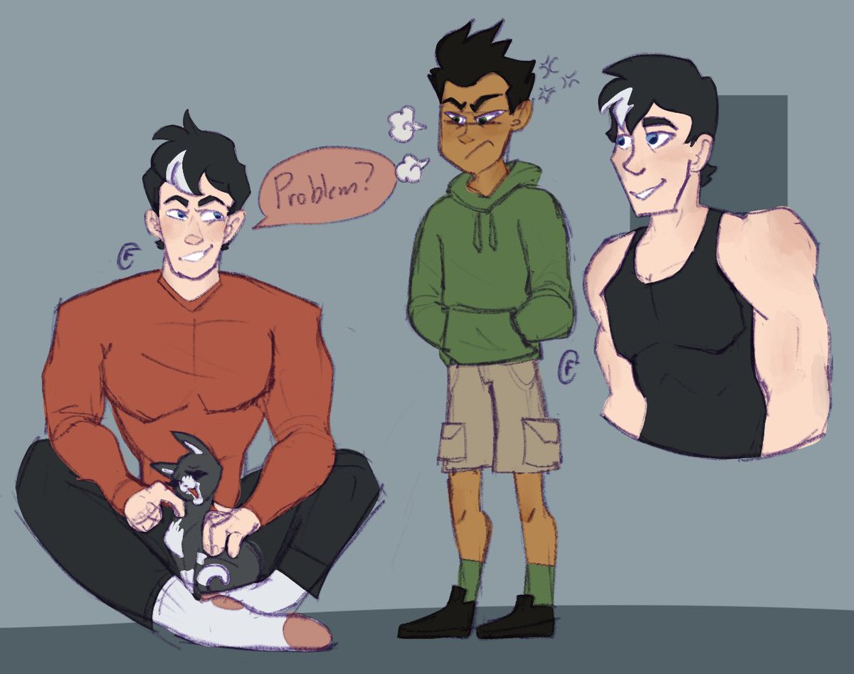 CatFoxCreates's tweet photo. No posts over the weekend because I was at a con :D:D 

Here’s a jealous dami and Jason who Alfred the cat loves 🥰🥰🥰

(Also tried to draw Jason a bit broader than normal. Bigg shoulders uwu) https://t.co/3d7WNoYCB2