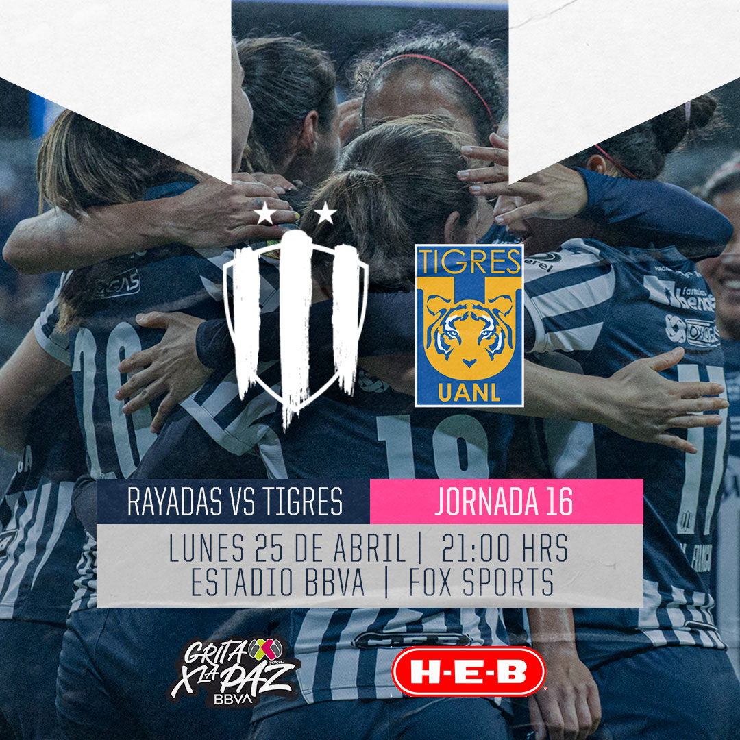 Rayadas's tweet photo. 🆚| ¡Modo #ClásicoRegioFemenil 🔛! 😎

@HEB_mexico presenta nuestro próximo partido del #GritaMéxicoC22 ⚽️

🗓 25 de Abril 
⌚ 21:00 hrs. 
🏟️ BBVA
📺 @FOXSportsMX  

#ArribaElMonterrey 🇫🇮 https://t.co/M1KoHnZLGX