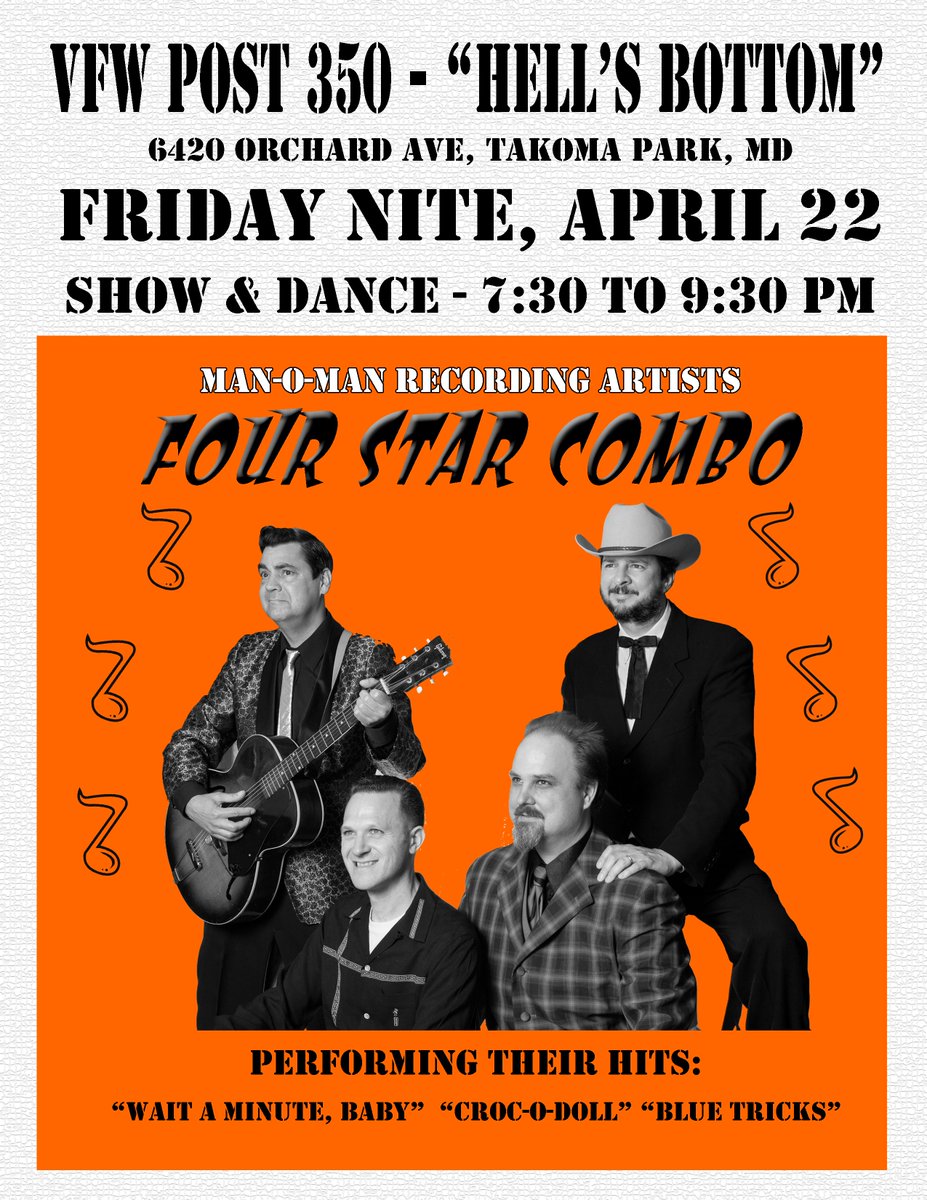 FRIDAY, APR 22-Four Star Combo 'hits bottom'! Join us for a night of primal #Rockabilly &amp; #HonkyTonk in Takoma  Park, MD.