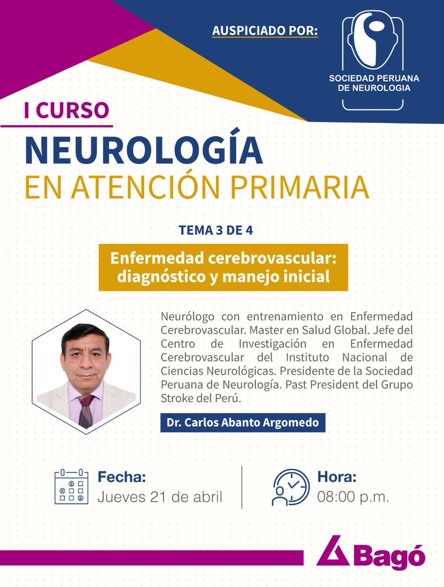 CLASE 3 DEL CURSO DE NEUROLOGÍA EN ATENCIÓN PRIMARIA 🧠
Les invitamos a registrarse en este enlace 👇 así recibirán en su correo el link de la clase del 21 de abril.👇
us02web.zoom.us/.../reg.../WN_…
.
#Neurology #neurologia #medicosperu #medicos
