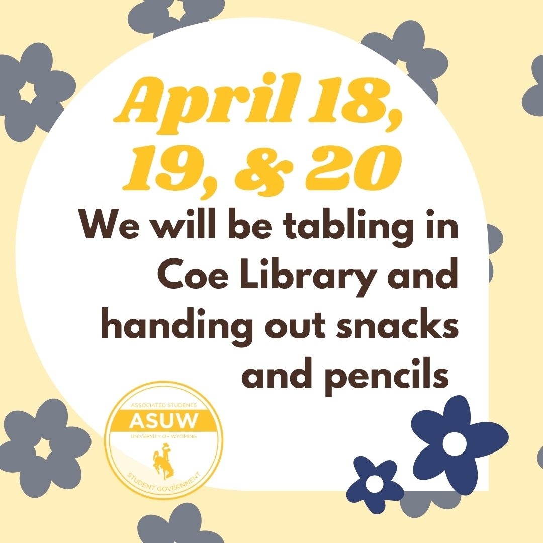 This week, visit us in Coe Library and grab some free snacks and pencils as we close in on the end of the semester! We will be there from 9 a.m. - 1 p.m. Monday, Tuesday and Wednesday!

#ASUW #UW #UWyo #Finals