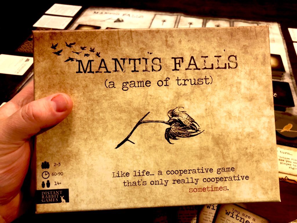 Wow! 
We really enjoyed our first full game of Mantis Falls. I waited patiently for Curt near the end of the the road and stabbed him as he got off a bus! (I was the assassin 😂) He then crawled over to a pay phone and ordered a hit on me. We all lost.🤘
<a href="/Distant_Rabbit/">Distant Rabbit Games</a>