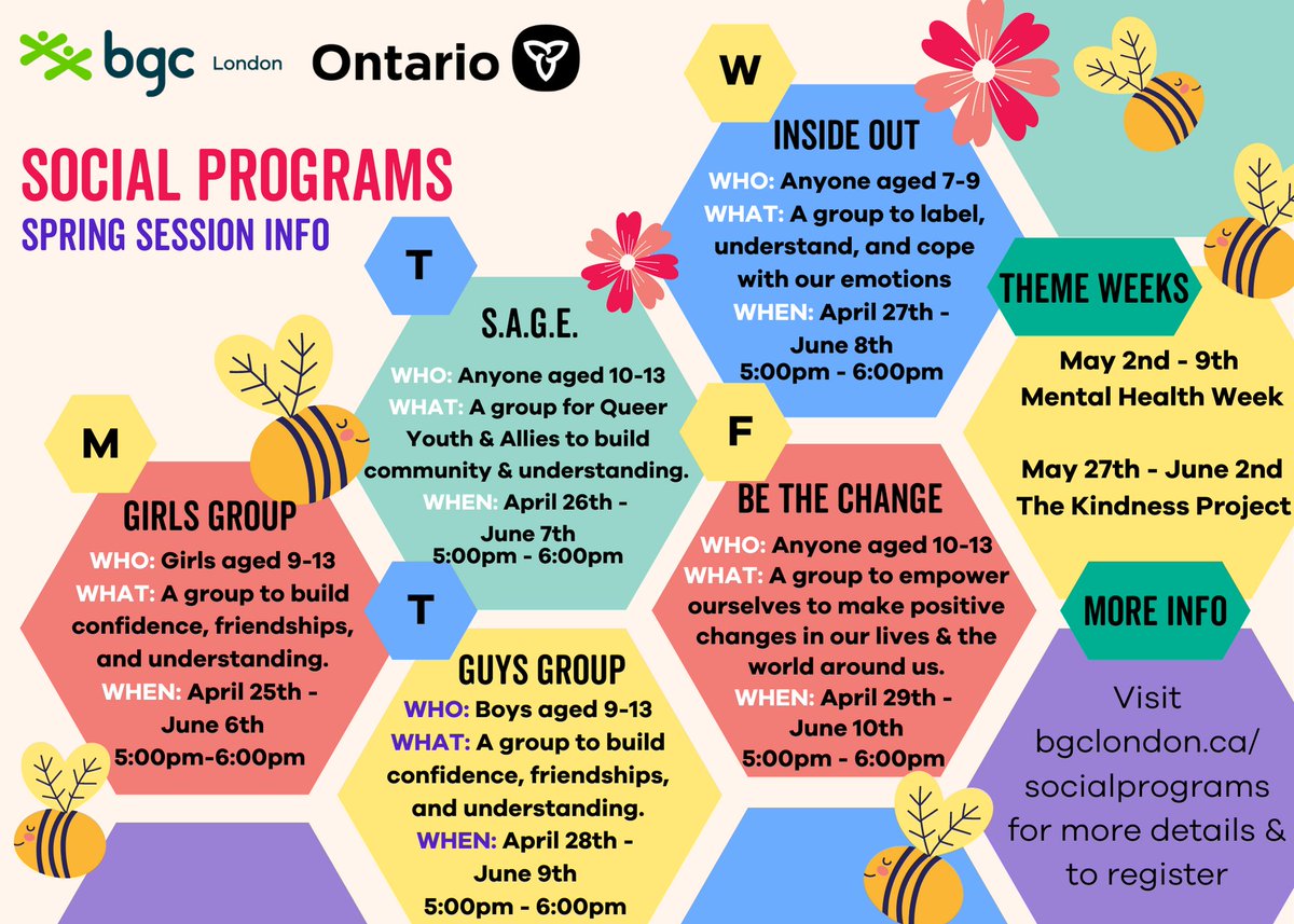 The Spring session of our social programs for children starts next week! Registration will open tomorrow - bgclondon.ca/socialprograms

#LdnOnt

<a href="/DCACLondon/">Digital Creative Arts Centre</a> <a href="/ILoveThorndale/">I Love Thorndale</a> <a href="/TVCCfamily/">TVCC</a> <a href="/g5actipass/">Grade 5 ACT-i-Pass Program</a> <a href="/londoncclc/">CCLC</a> <a href="/londonlibrary/">LondonPublicLibrary</a>