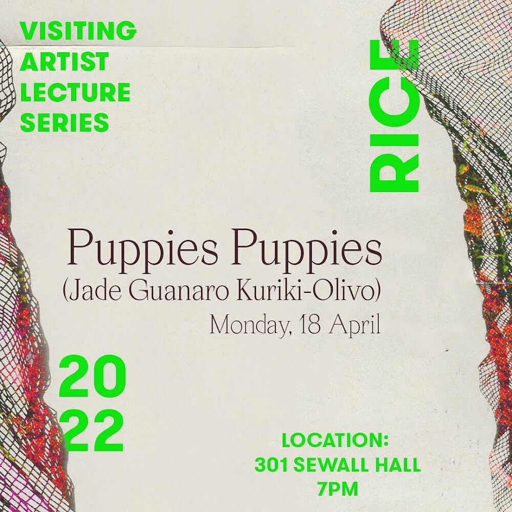 artsatrice's tweet photo. Tonight! Join #RiceVADA &amp;:
Puppies Puppies (Jade Guanaro Kuriki Olivo)
Monday, April 18 @ 7pm
Rice Cinema, Sewall Hall 301
RSVP at: https://t.co/EDamazajGP (quick links sections)

#PuppiesPuppies is a conceptual, #performance &amp; #installationartist.  #community #Trans #POC https://t.co/3IdNWBX4d1