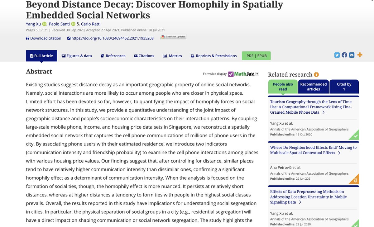 A large part of the ability to maintain relationships with friends is proximity.  <a href="/_Yang_Xu/">Yang Xu</a>, Santi, and Ratti explore the role of distance decay by using cellular location and income to see if the homophily effect occurs in Singapore: bit.ly/3qwcZwm cc <a href="/SenseableCity/">Senseable City Lab</a>