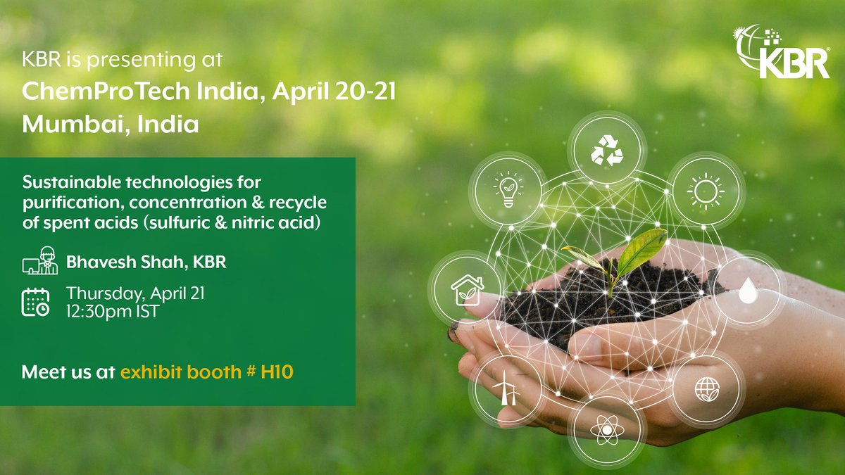 KBRincorporated's tweet photo. Join #KBR expert Bhavesh Shah at the #ChemProTech India on April 20-21 in Mumbai. Bhavesh Shah will present on sustainable technologies for purification, concentration and recycling of spent acids. Register at: https://t.co/VsUDZvIhVc https://t.co/BSuTT1NKAB