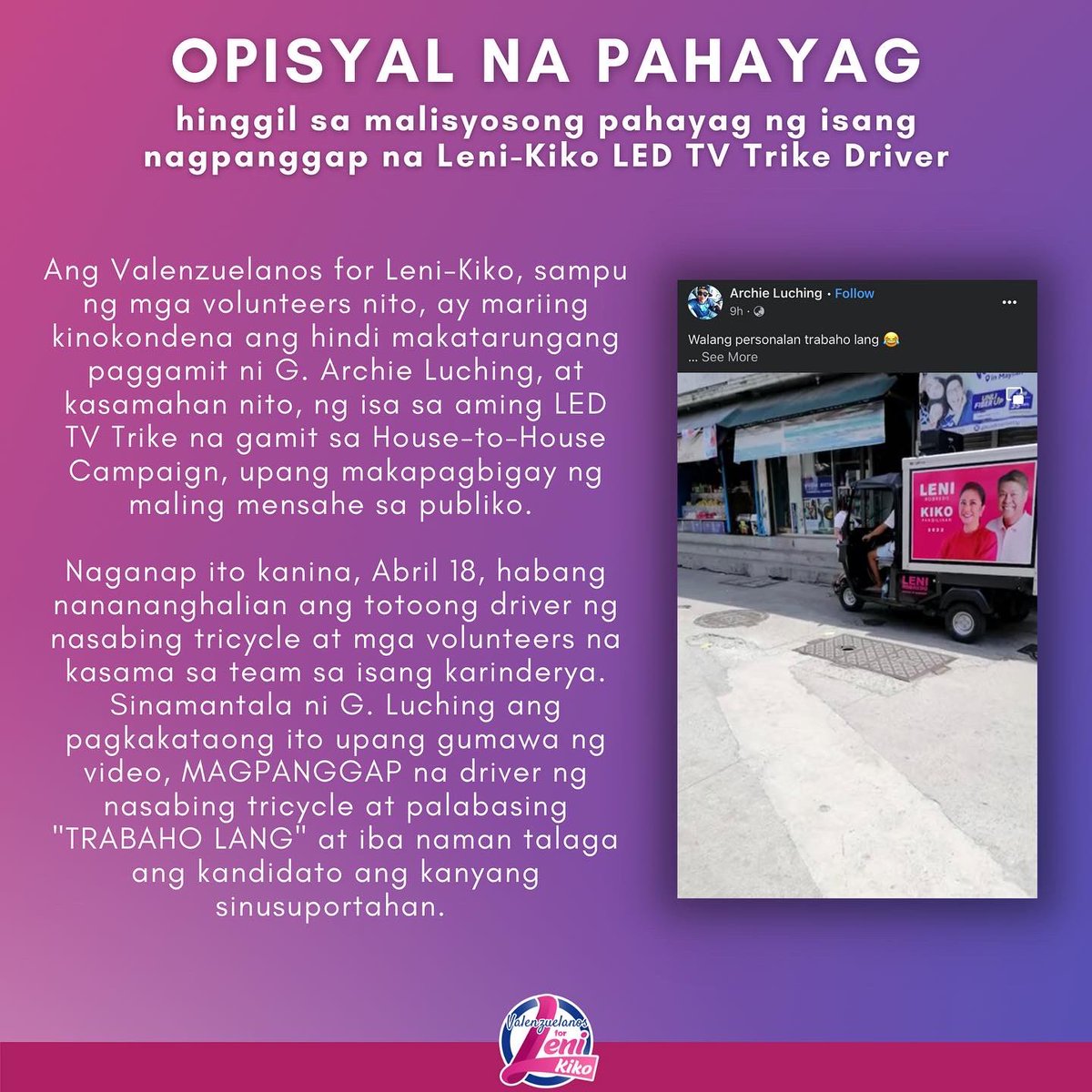 ValForLeniKiko's tweet photo. OPISYAL NA PAHAYAG
hinggil sa malisyosong pahayag ng isang nagpanggap na Leni-Kiko LED TV Trike Driver
#ValenzuelanosForLeniKiko https://t.co/MD9O1oWxDm