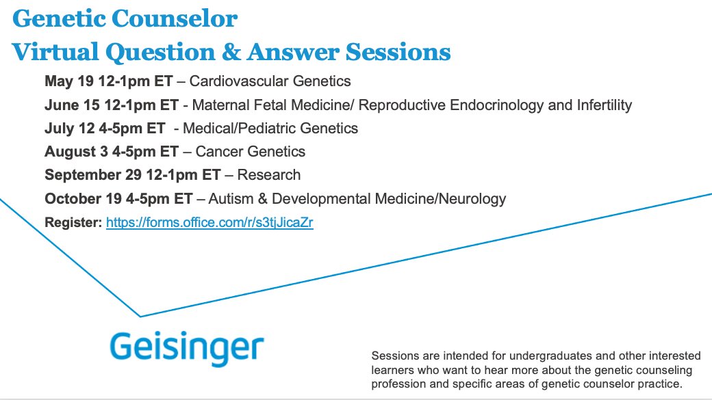 Geisinger genetic counselors will be hosting monthly virtual question &amp; answer sessions for prospective genetic counselors! Each session will focus on a different area of GC practice. Register here: forms.office.com/r/s3tjJicaZr #genechat #genetics