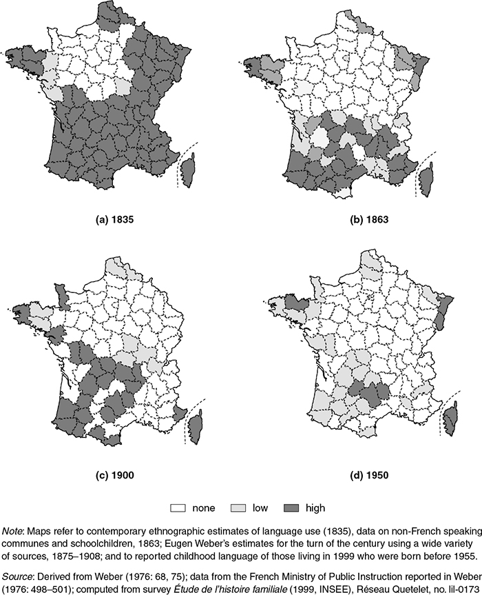 Consider how linguistic map of France changed with the propagation of mass schooling. Non-French speaking zone (dark grey) which covered most of the country in 1830s contracted to few isolated areas by 1950. Memes included into the curriculum skyrocket, excluded ones - die out