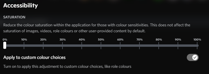 DiscordNews_'s tweet photo. Custom Colours such as role colours will soon be affected by the satuation toggle in settings!

Thank you @FateImperius for bringing it to my attention https://t.co/ezKgiNHYed