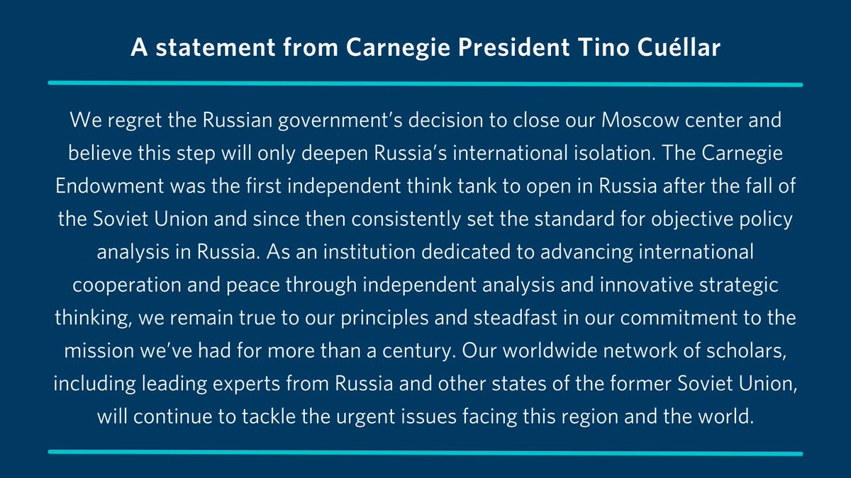 baunov's tweet photo. Many are asking me what happened to https://t.co/MAeYT68QsH and Carnegie Moscow Center. Those who are following the avalanche of bad news from Russia know, but this is the official statement from the American side https://t.co/nol0hJmSWu