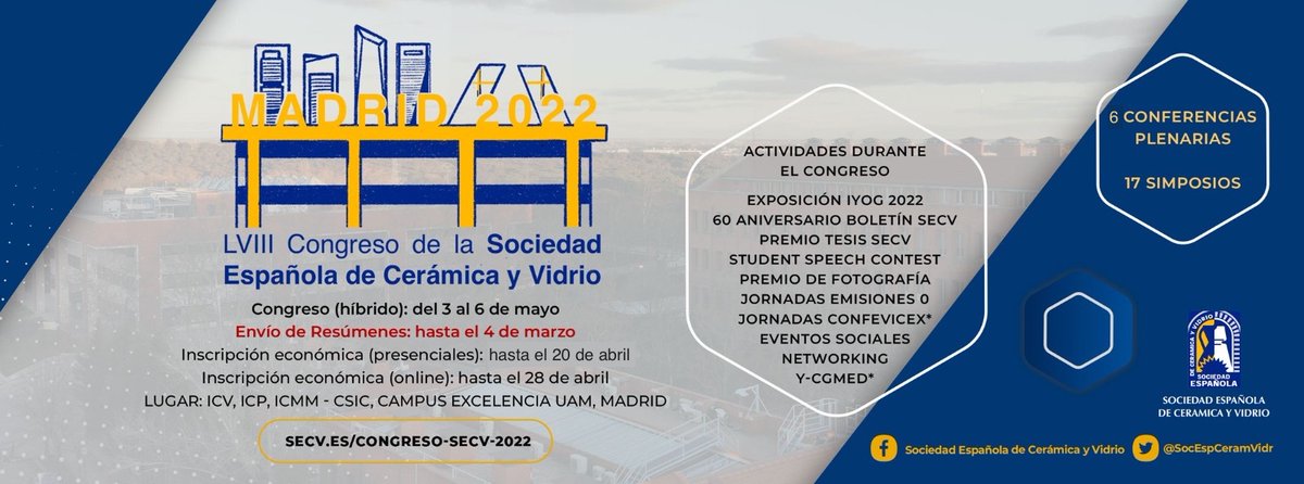 SocEspCeramVidr's tweet photo. ¡��ltimos días para inscribirte en el #CongresoSECV2022! Si asistes de manera presencial, tienes hasta este MAÑANA para formalizar tu inscripción al #CSECV2022, las #JornadasSECVEmisionesCero y @youCGMed en Madrid 3-6 de mayo @icvcsic @icmmcsic @ICP_CSIC https://t.co/4RM8lrniWO https://t.co/XxpEHq2vEC