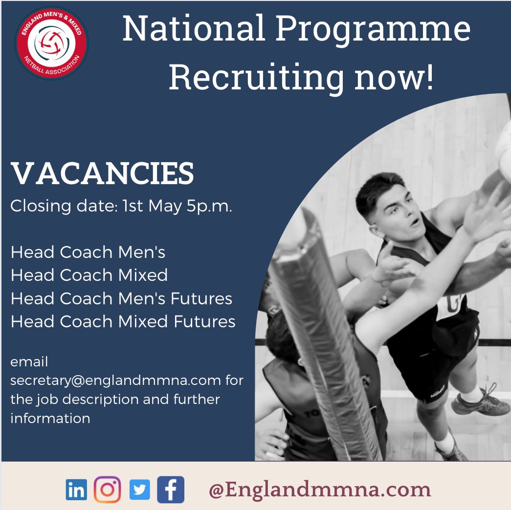 EnglandMMNA's tweet photo. EMMNA is recruiting 4x coaches for its inaugural national program 🤩 This is an incredibly exciting opportunity to coach the countries best men’s &amp; mixed netballers! 🌹🏐 To apply, email secretary@englandmmna.com 💻 closing date is 1st May 5PM ⏰ Pls note these roles are paid https://t.co/82Yj3ezBvp