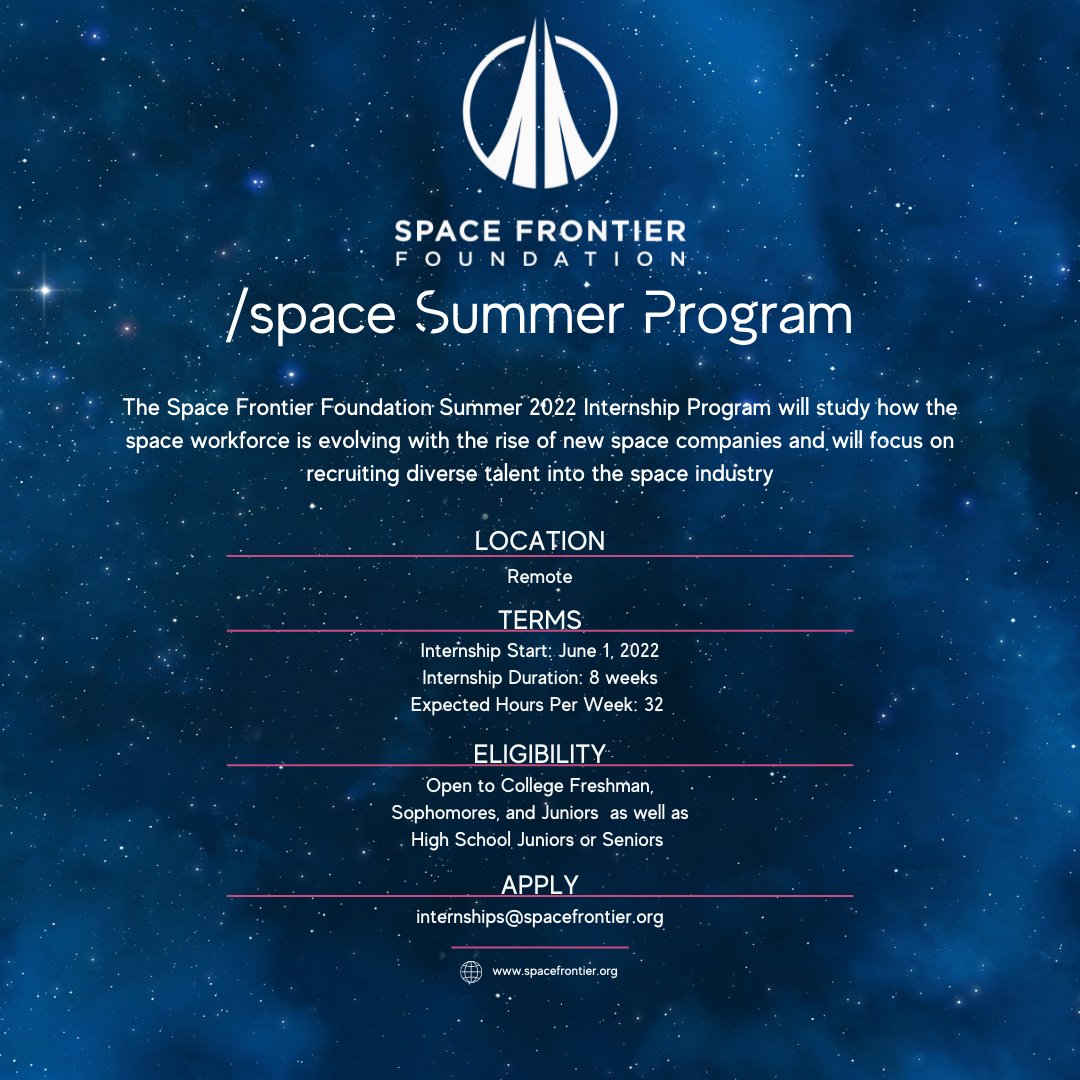 SpaceFrontier's tweet photo. Applications are now open for the Space Frontier Foundation Summer 2022 Internship Program.
For more info:
https://t.co/P9I0mlqicB
To Apply:
Internships@spacefrontier.org
#SpaceFrontier #internship #spaceinternship #newspace #spaceforward https://t.co/lVYBEowWei
