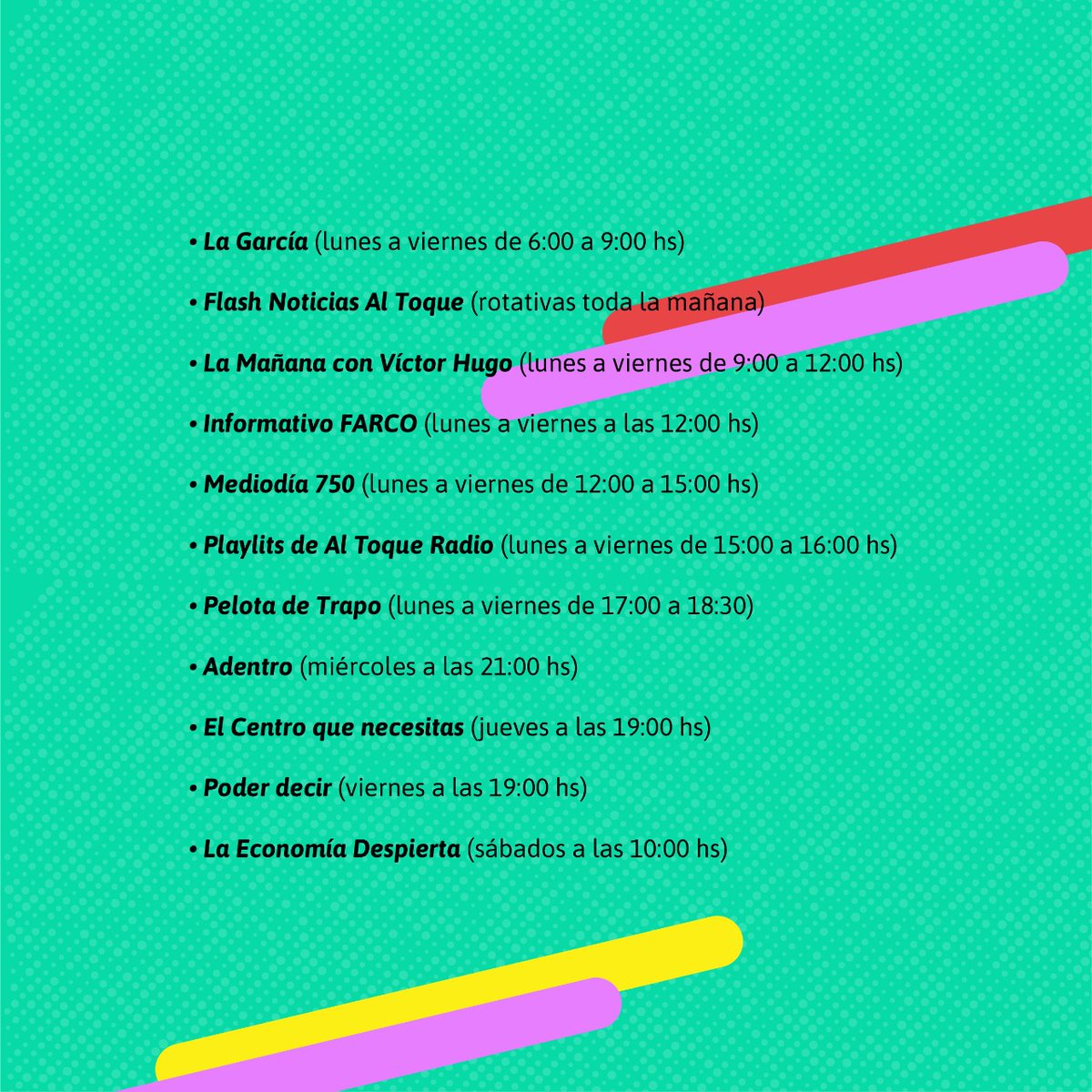 fmaltoque's tweet photo. Compartimos la grilla con algunos de los programas que emitimos en Al Toque Radio 👇🏻🎙 https://t.co/u1qLsmsLoQ