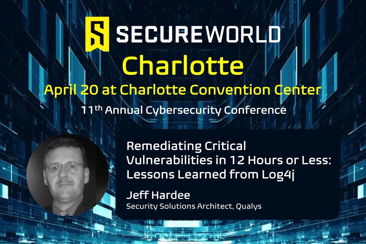 qualys's tweet photo. #Qualys' Jeff Hardee, Security Solutions Architect will be presenting on Remediating Critical Vulnerabilities in 12 Hours or Less at @SecureWorld Charlotte on April 20.
Register here with promo code OPENSW1 and hear from #cybersecurity experts: https://t.co/mOqFzLrjzn #SWCLT22 https://t.co/IYNVp8nUA2
