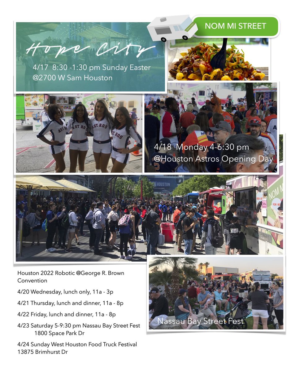 Check out our schedule for 4/18/22-4/24/22! We are kicking it off at the Astros Opening Game! Come get your #nommifix made with #nommilove #nomminess ⁦<a href="/astros/">Houston Astros</a>⁩  ⁦<a href="/NassauBayTX/">Nassau Bay, Texas</a>⁩