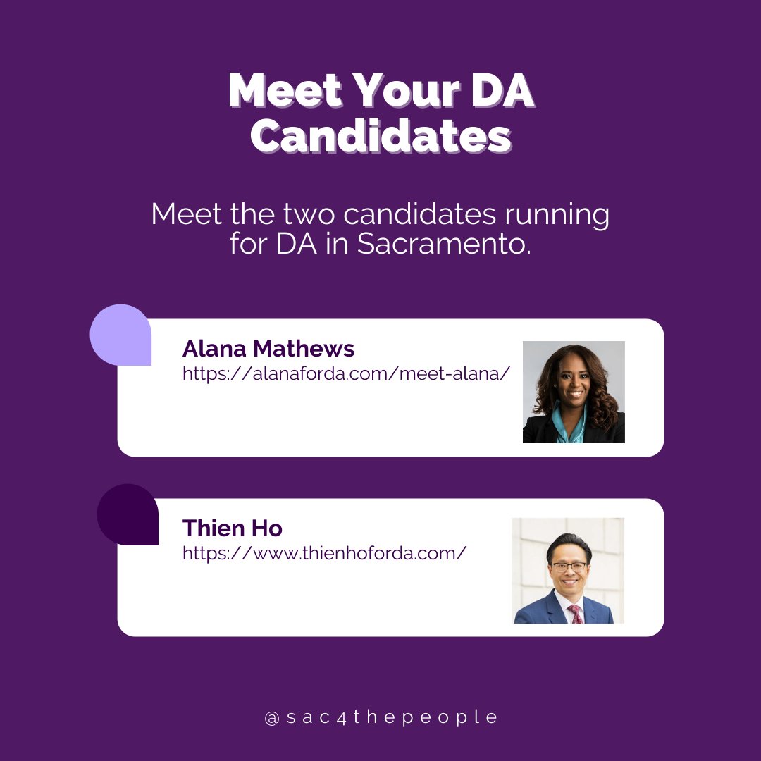 Do you know who the Sacramento DA candidates are?

Learn more about both candidates at our April 30th candidate forum.

Register here: https://bit.lySacDAForum

#Sacramento #sacramentocounty