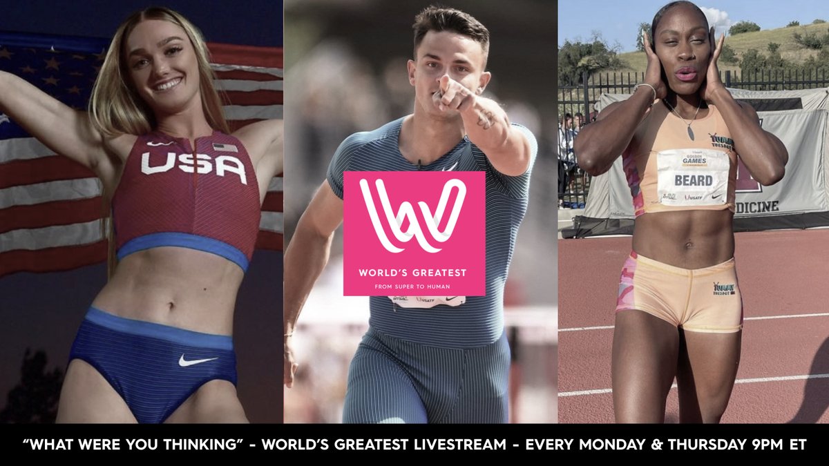 World's Greatest “What Were You Thinking” livestream tonight 9pm ET. Fun episode with <a href="/Run2Reign/">Jessica Beard</a> co-hosting alongside <a href="/DevonAllen13/">Devon Allen</a>. Talking track and a little NFL. Our guest is Olympian <a href="/ShaeeAnderson/">Shae Anderson</a>  watch.fanfest.io/wrldsgrtst powered by 
@FanFestLive
