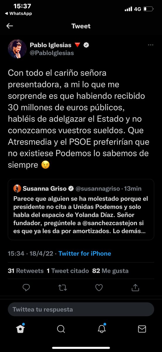 Iglesias, la casta personificada, defendiendo al gobierno más caro de la historia y criticando los sueldos de gente que se lo gana cada día trabajando solo por pedir lo que clama todo el mundo. Y exigiendo adhesión incondicional por publicidad institucional. Chavismo de siempre.